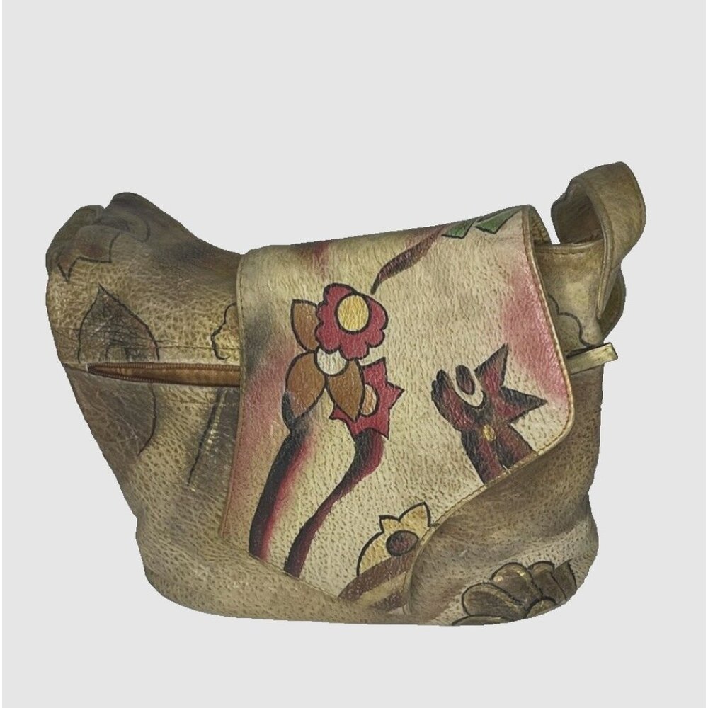 Vtg Boho Handpainted Floral Leather Bag Purse Art To Wear Crossbody Asymettrical